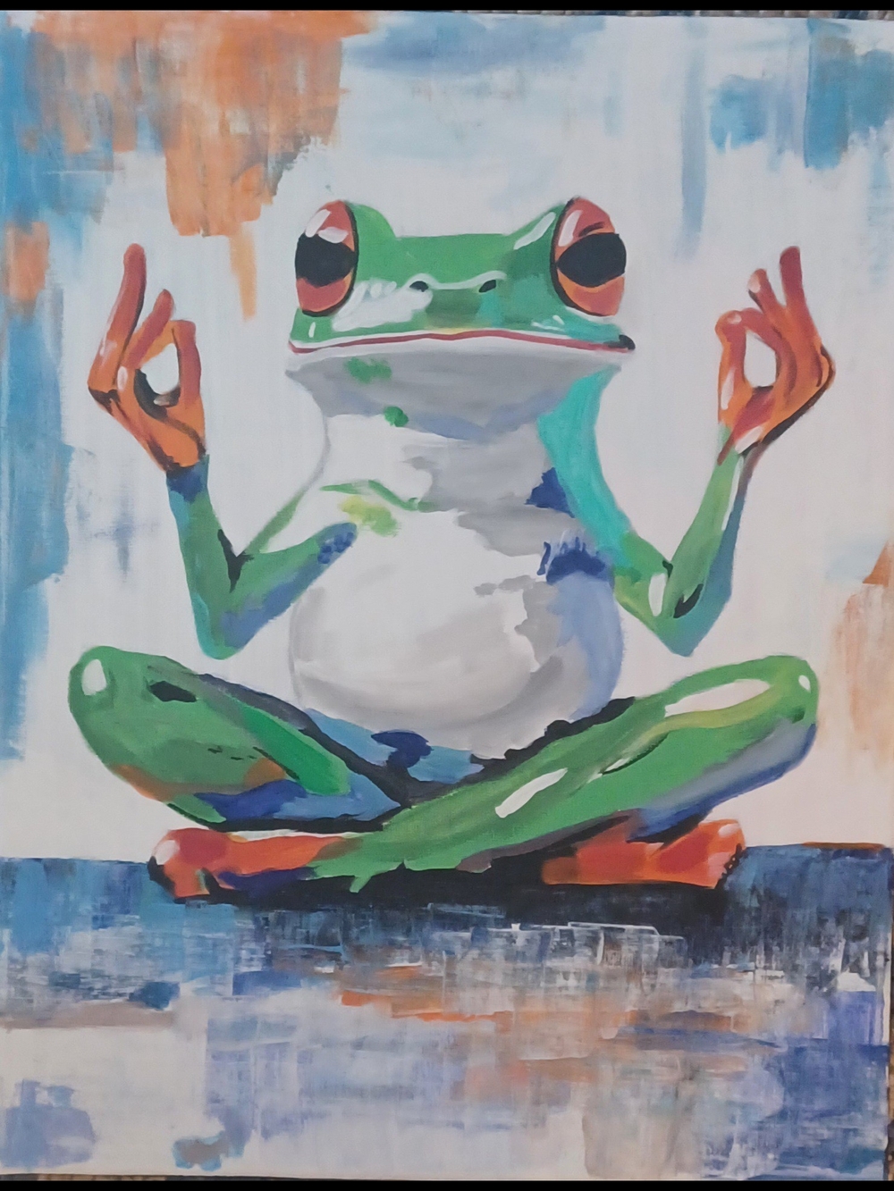 Meditative Frog Wall Acrylic Art Painting in Green and Orange